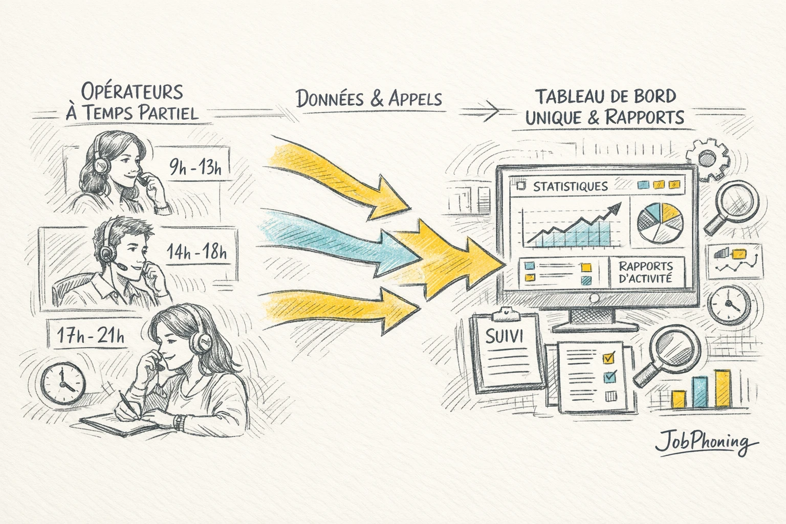 Infographie représentant l’organisation de missions téléphoniques via un hub central, nœuds satellites et blocs d’horaires