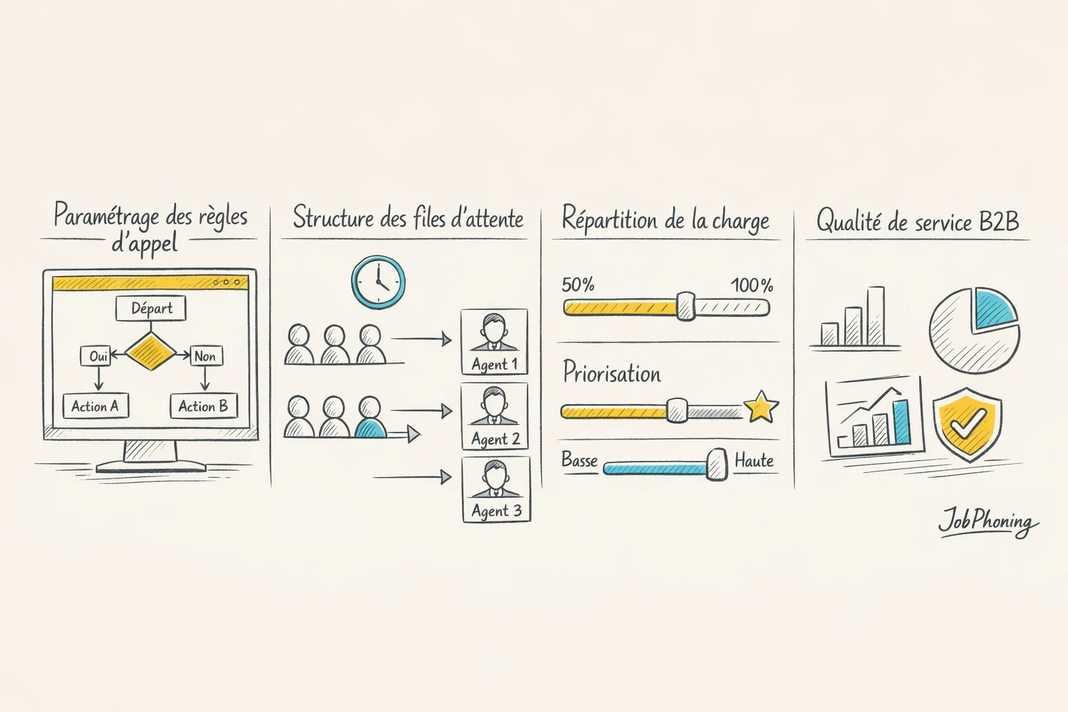 Schéma représentant la configuration du routage d’appels via blocs reliés et flèches séquencées.