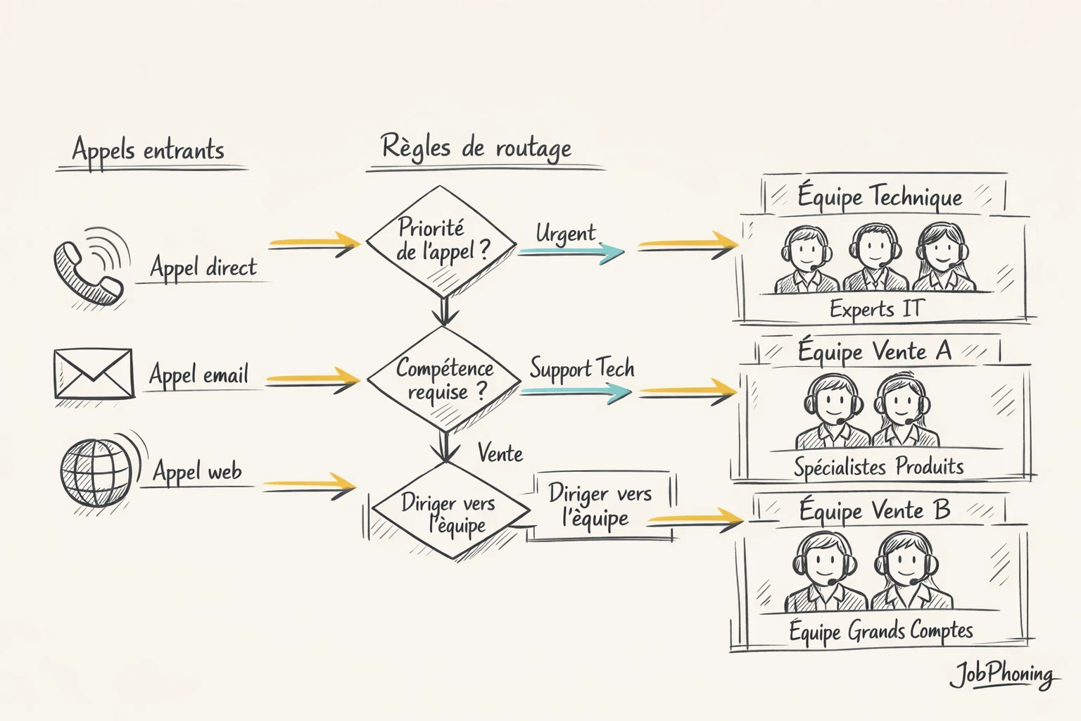 Infographie représentant l’alignement entre flux d’appels et équipes commerciales via entonnoir central, canaux et blocs
