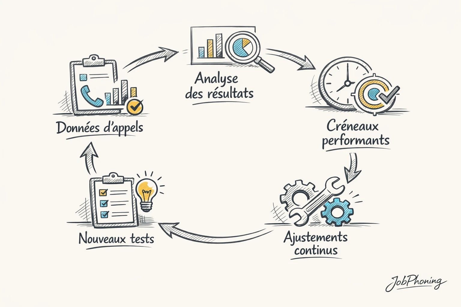 Schéma représentant l’optimisation des créneaux d’appels via un flux d’étapes et rectangles colorés reliés.