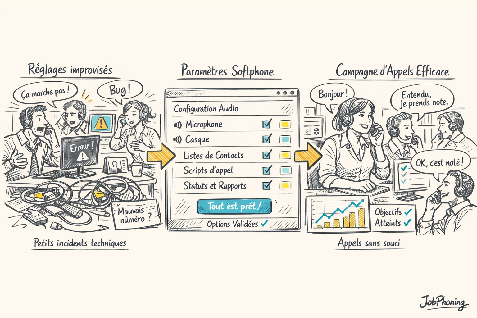 Schéma représentant la préparation d’un softphone via enchaînement de blocs connectés et icônes techniques abstraites.