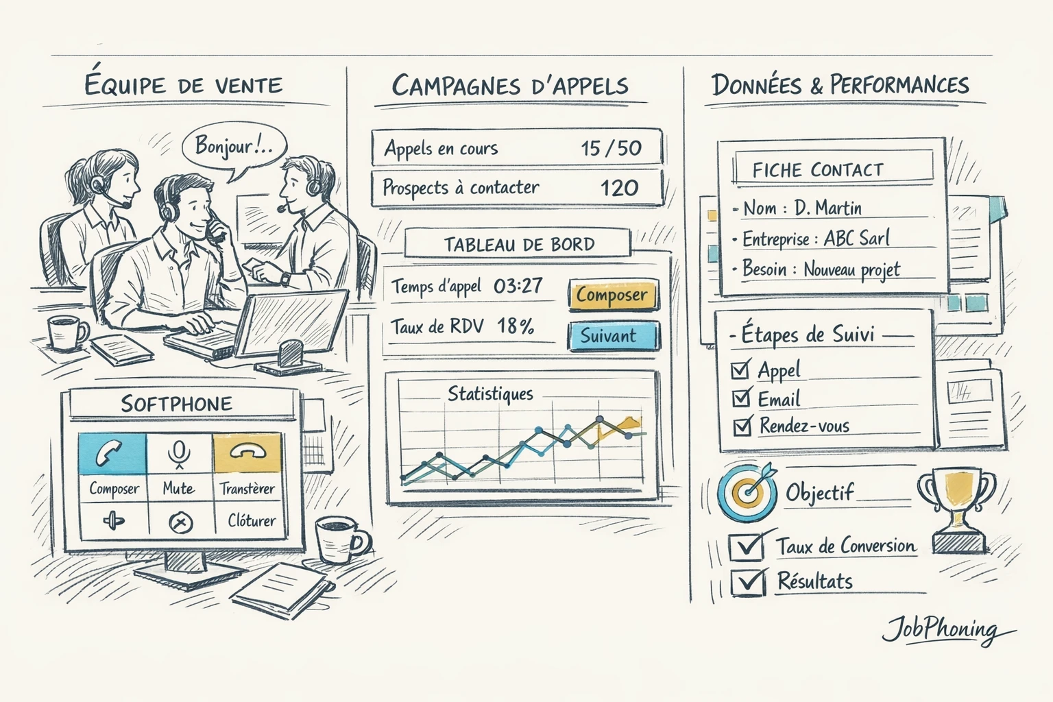 Schéma représentant l’intégration d’un softphone au pipeline commercial via pipeline, icônes téléphoniques et tableaux abstraits