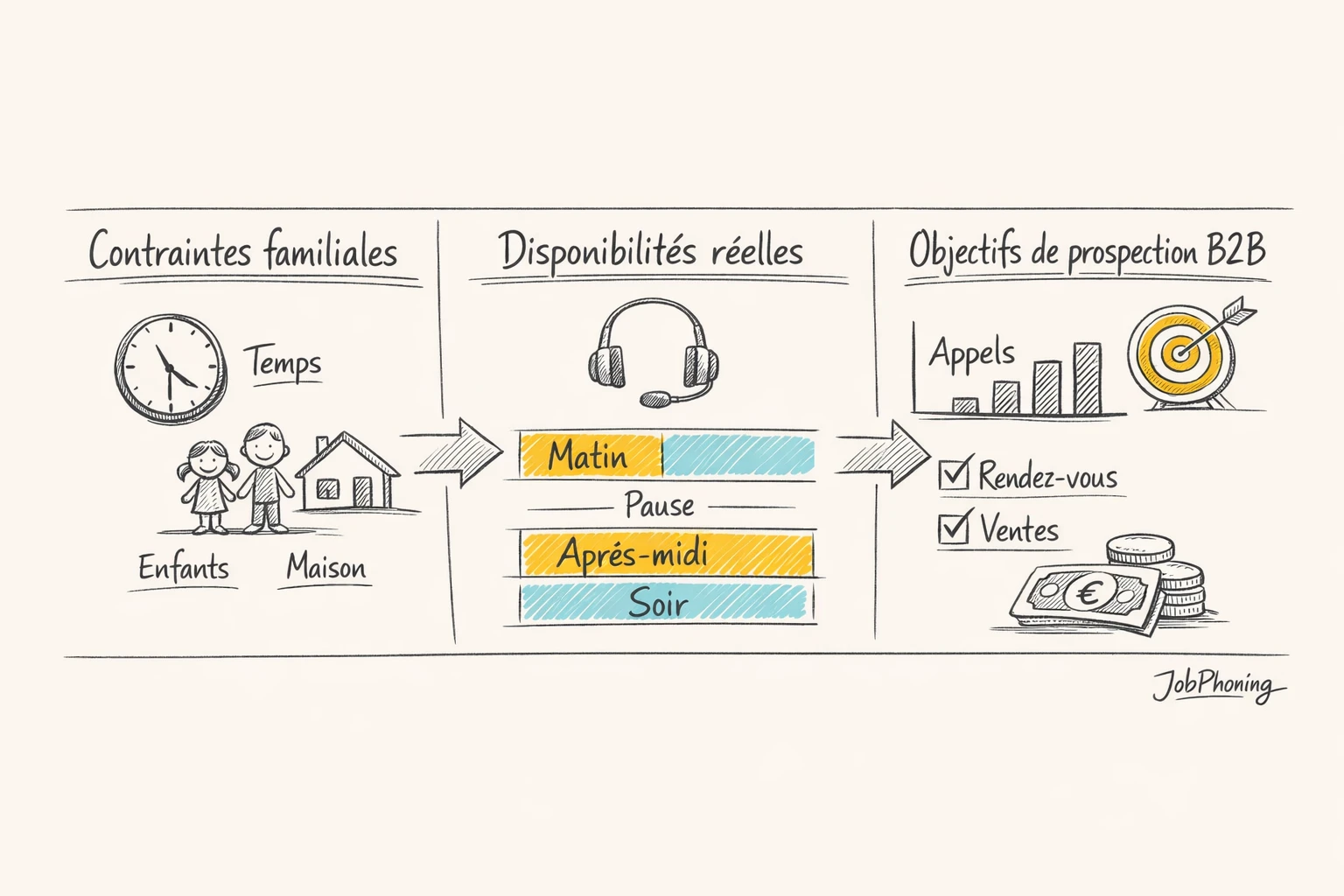 Schéma représentant l’organisation télétravail-famille via enchaînement de blocs colorés reliés par des flèches minimalistes.