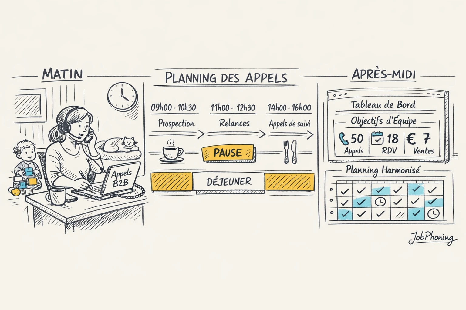 Infographie représentant le pilotage d’appels B2B via calendrier, icônes téléphoniques et indicateurs connectés