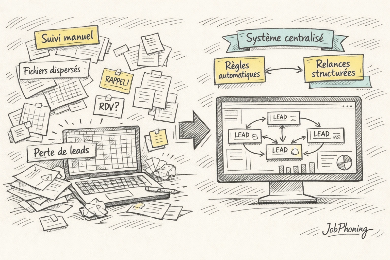 Infographie représentant l’évolution de la gestion des leads via tableaux désordonnés et pipeline structuré centralisé.