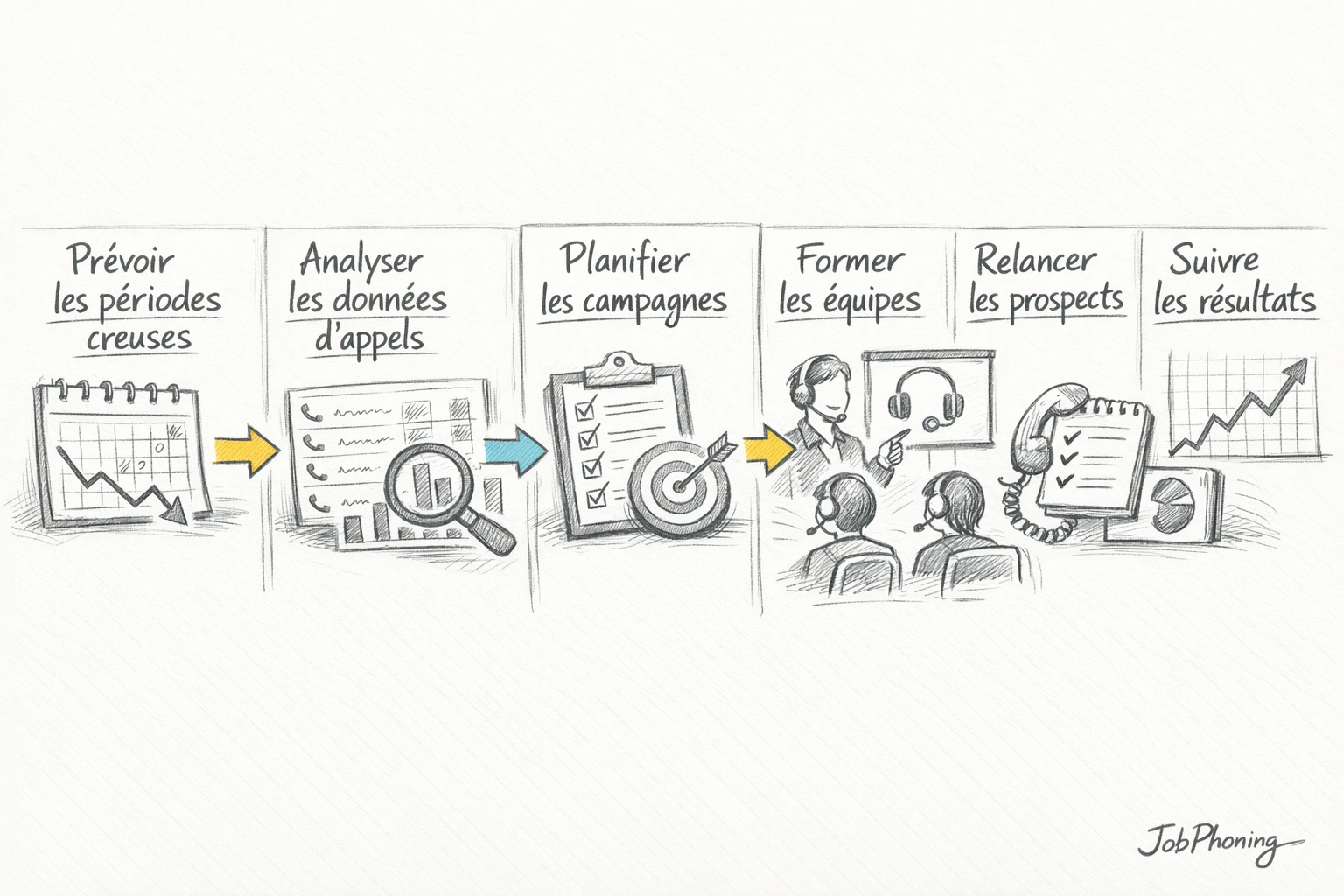 Schéma représentant la planification des appels B2B via blocs séquentiels connectés et flèches.