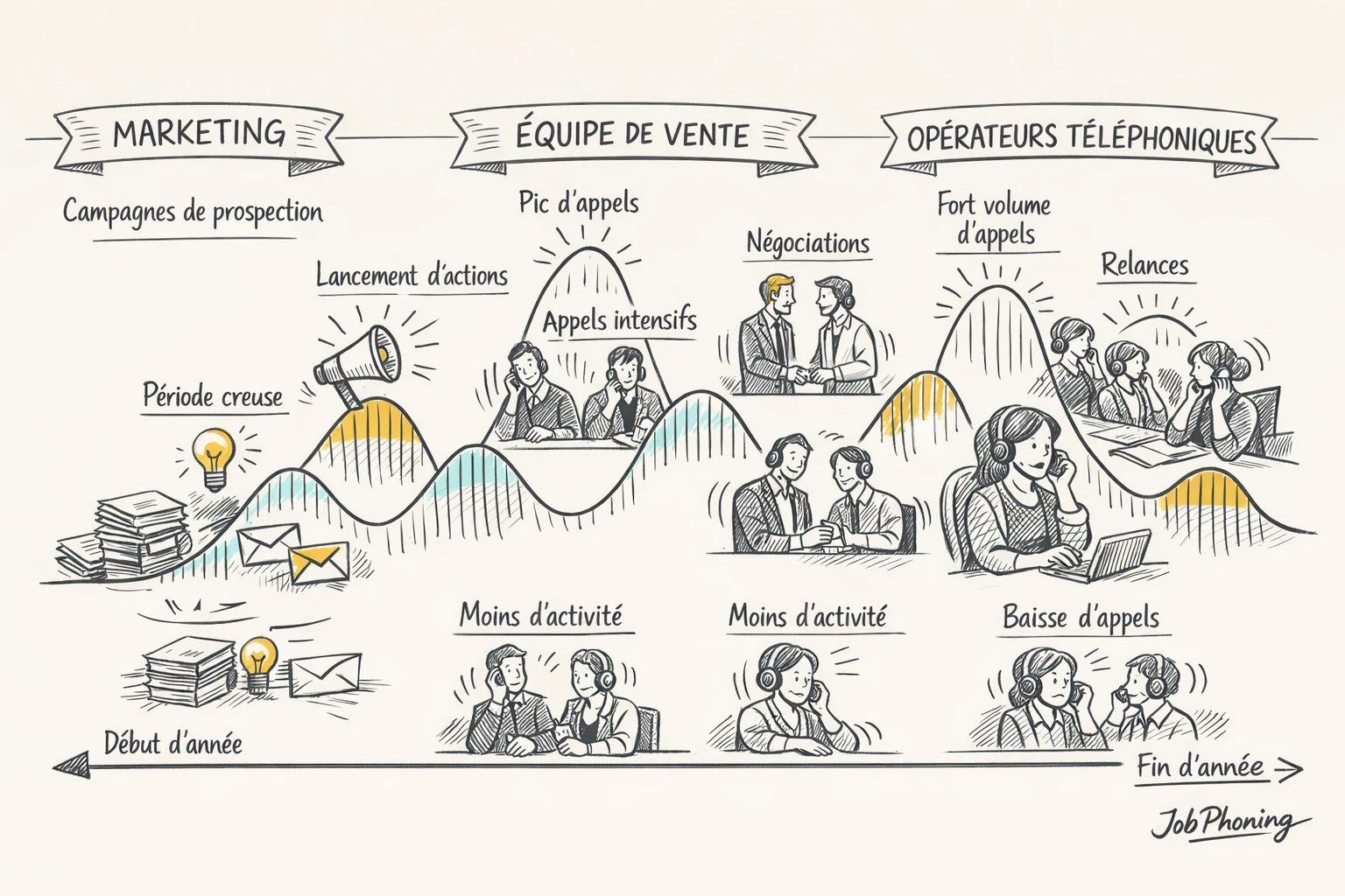Infographie représentant l’impact des périodes creuses via pipeline marketing-ventes, blocs et flux irréguliers.