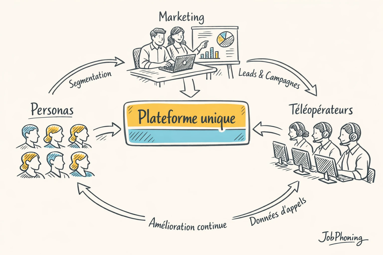 Infographie représentant l’alignement personas, marketing et téléprospection via hub central et éléments géométriques connectés.