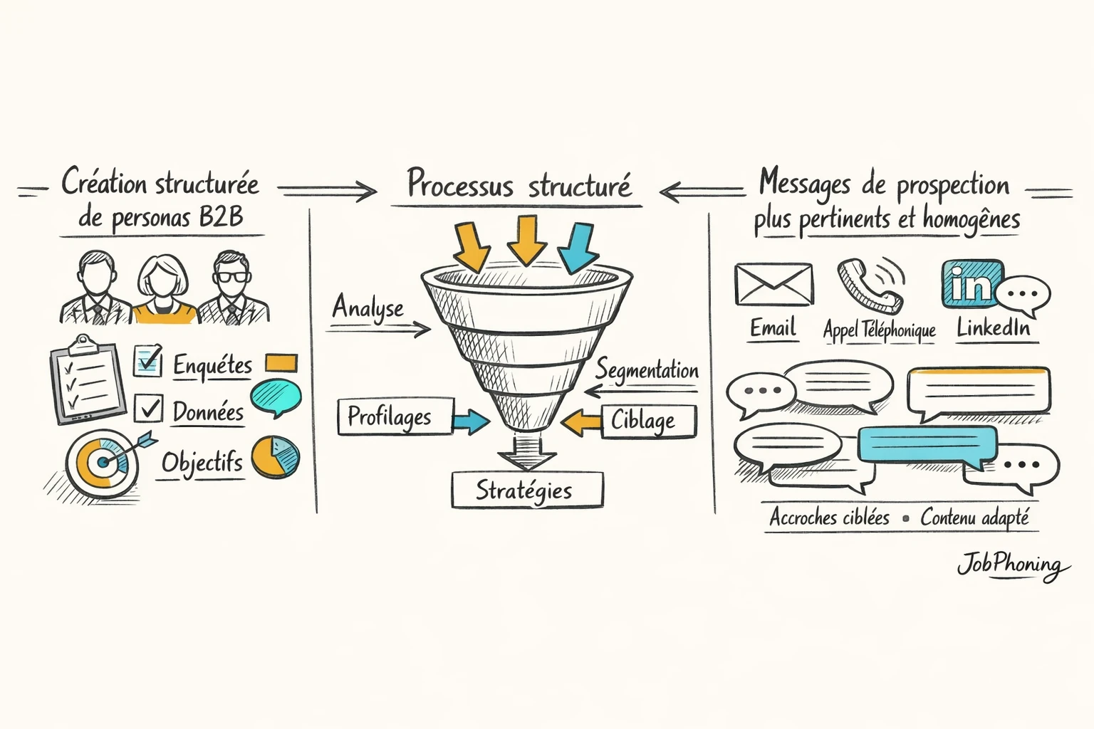 Schéma représentant la construction de personas B2B via enchaînement de blocs reliés et flèches abstraites