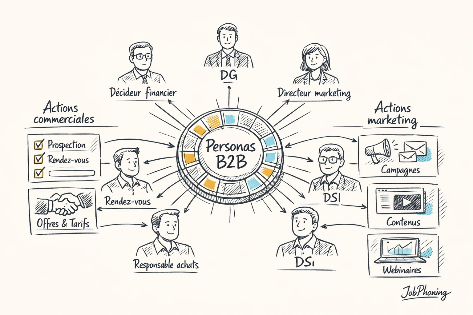 Infographie représentant l’usage de personas B2B via un noyau central relié à plusieurs segments et