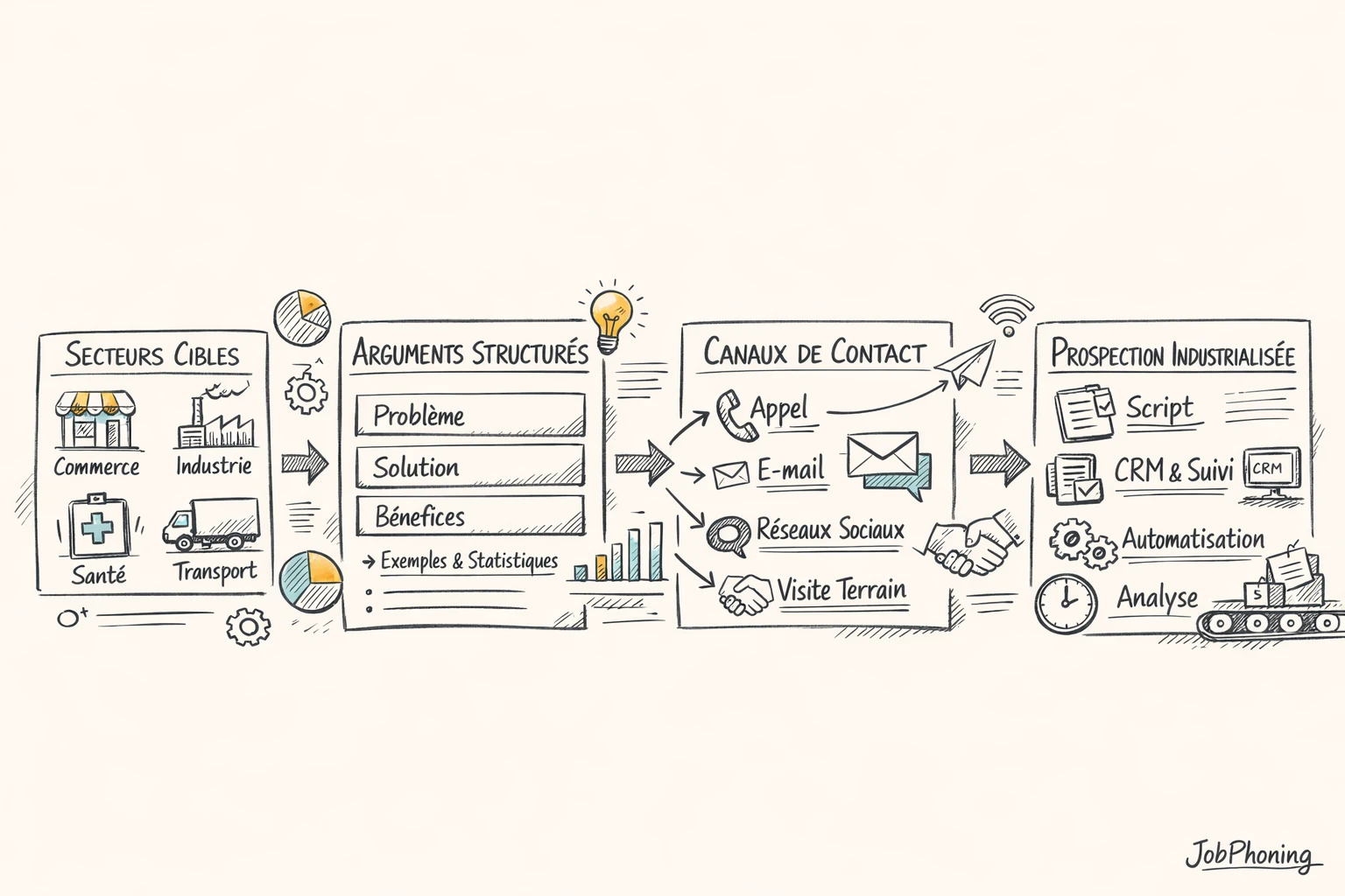 Schéma représentant un parcours de prospection assurance structuré via blocs, flèches et canaux distincts