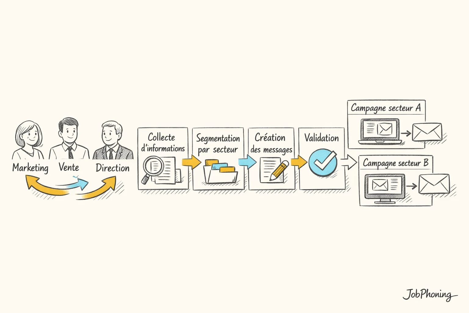 Schéma représentant l’organisation commerciale par secteurs via colonnes verticales reliées à un hub central circulaire.