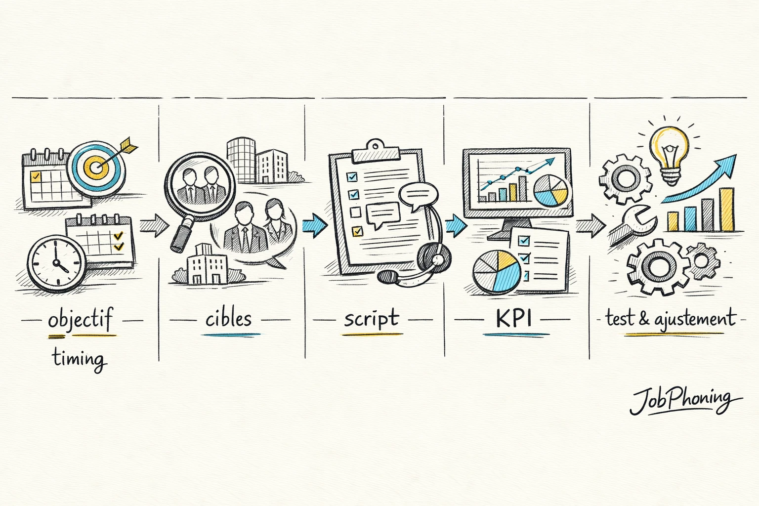 Schéma représentant une campagne de phoning B2B structurée via rectangles reliés, flèches et icônes abstraites