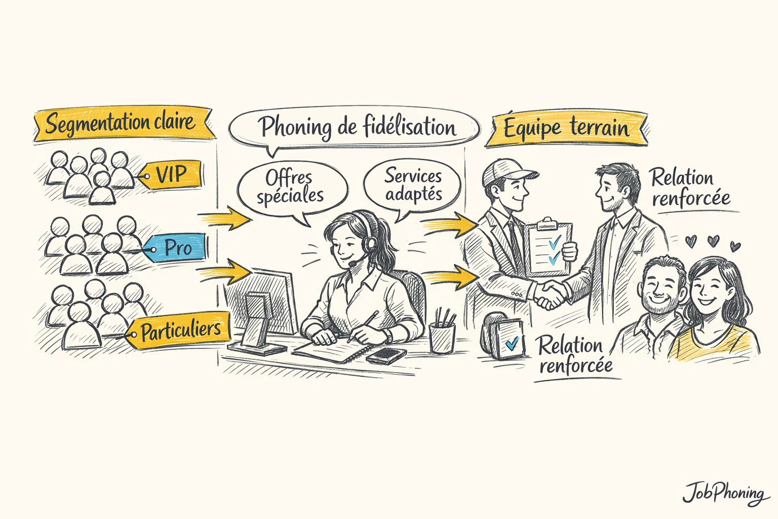 Schéma représentant la coordination phoning, segmentation clients et forces terrain via cercles, flèches et blocs