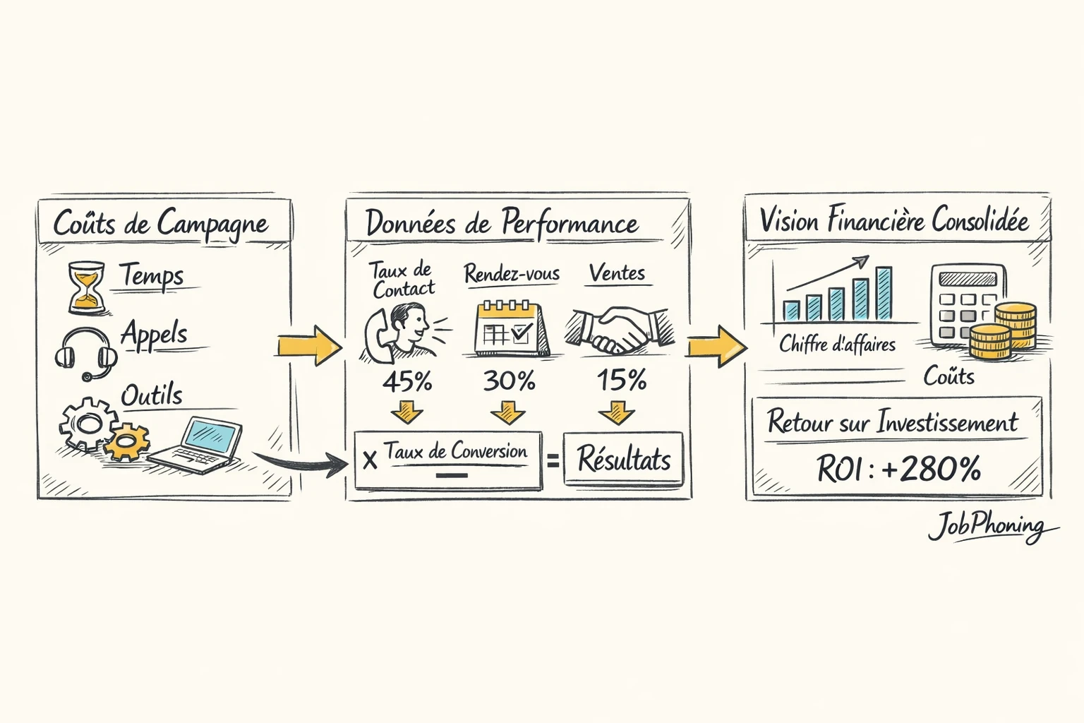 Schéma représentant la construction d’un modèle ROI d’appels via blocs reliés et flèches successives