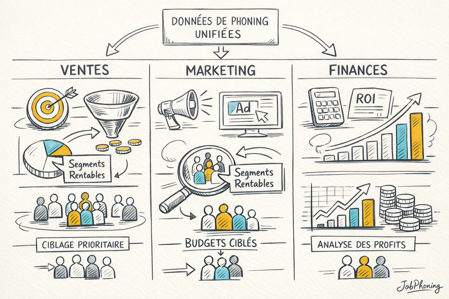 Schéma représentant l’intégration du ROI du phoning via cercle central, pipeline et trois pôles reliés.