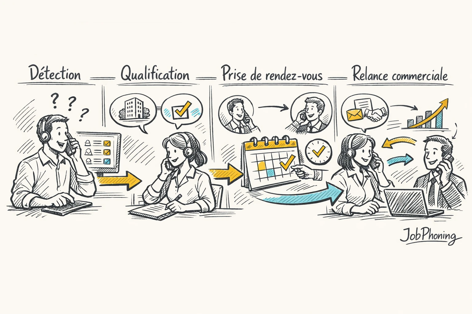 Schéma représentant un pipeline d’appels B2B structuré via quatre blocs reliés et flèches séquentielles.