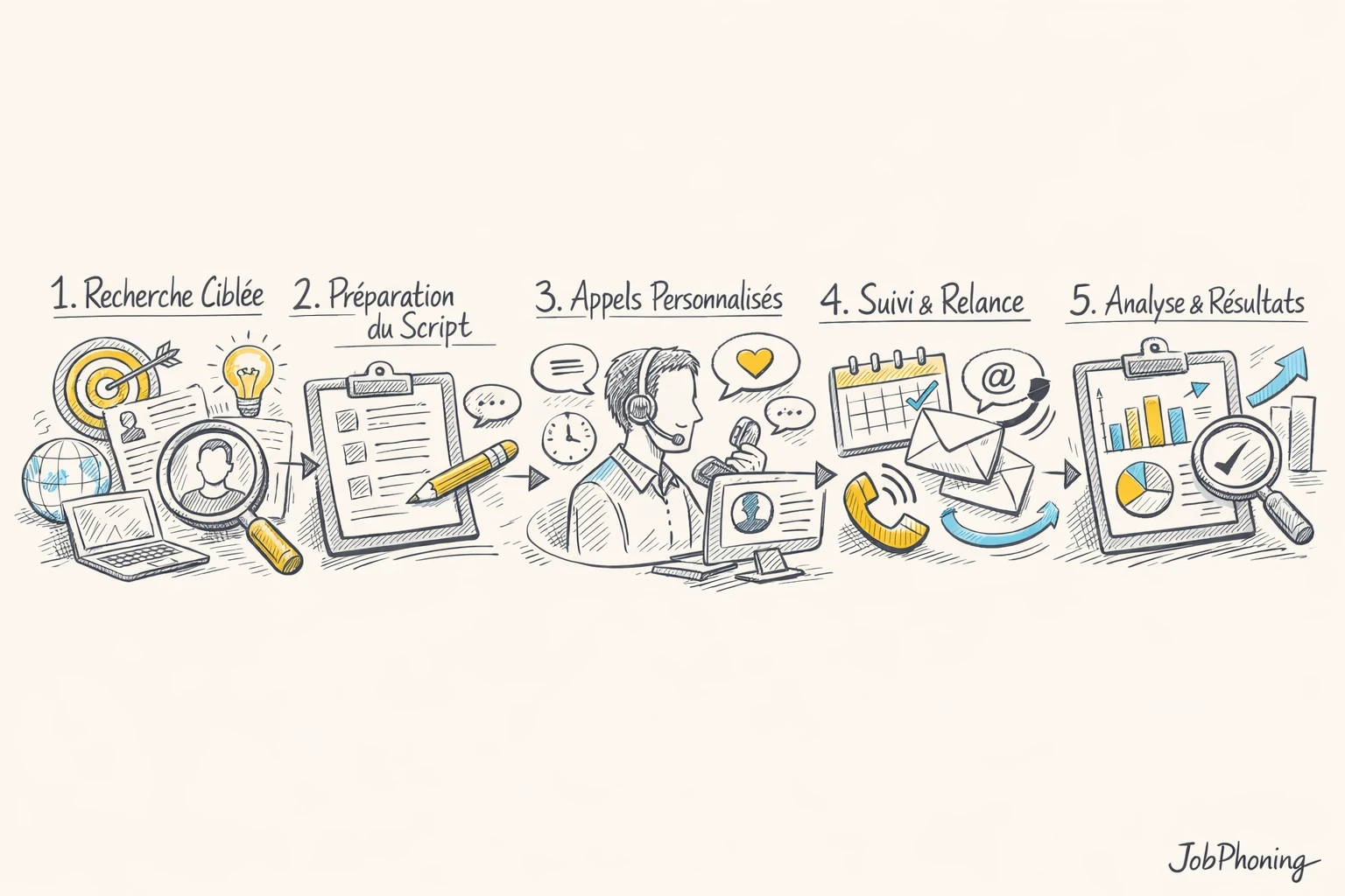 Schéma représentant une campagne d’appels structurée via enchaînement de blocs et flèches minimalistes