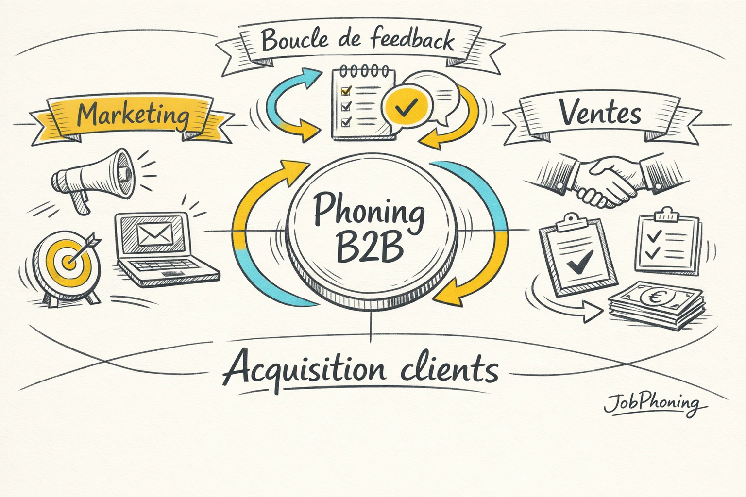 Schéma représentant l’intégration du phoning B2B via hub central, entonnoir marketing et pipeline commercial reliés.