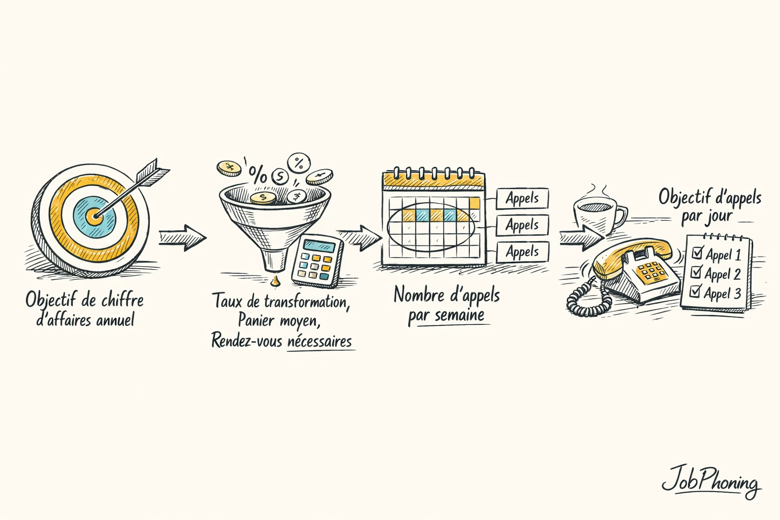 Schéma représentant la conversion d’un objectif de revenus en étapes d’appels B2B via blocs reliés