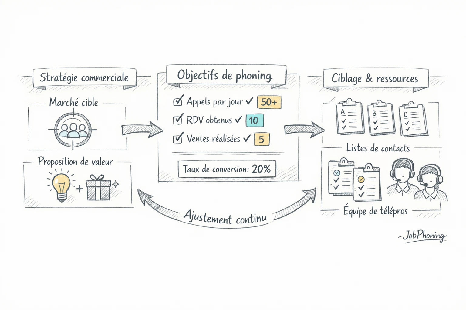 Schéma représentant l’alignement stratégie-phoning via un entonnoir bleu alimentant des blocs et cibles géométriques jaunes.