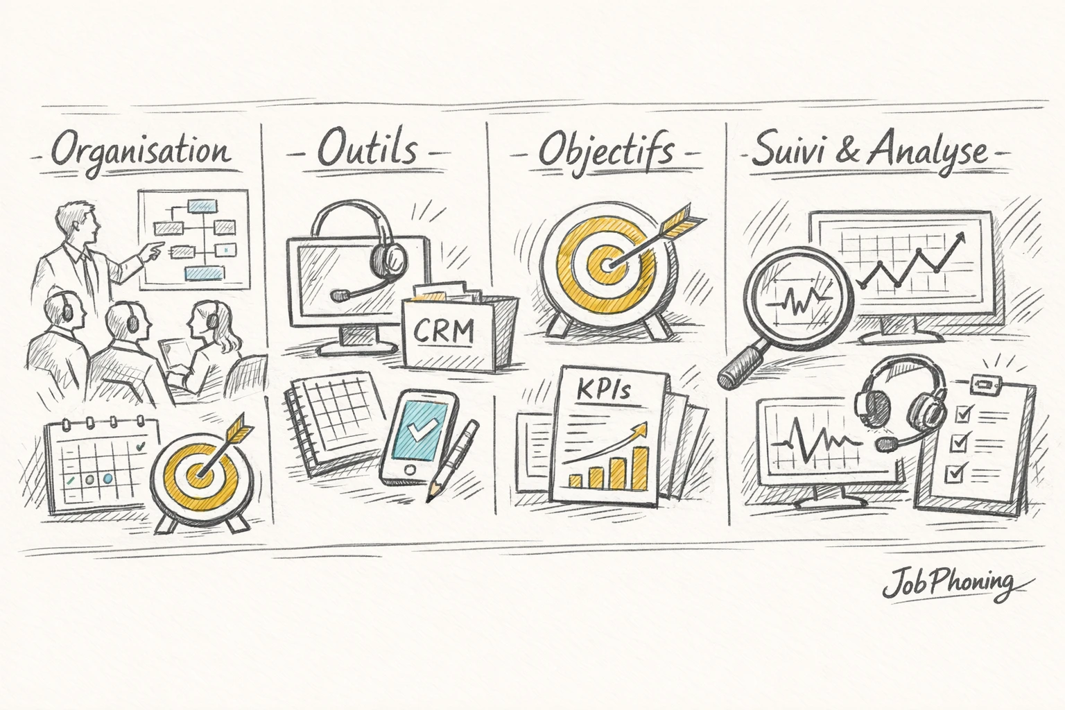 Schéma représentant la structuration d’une équipe de phoning B2B via blocs reliés et flèches séquentielles