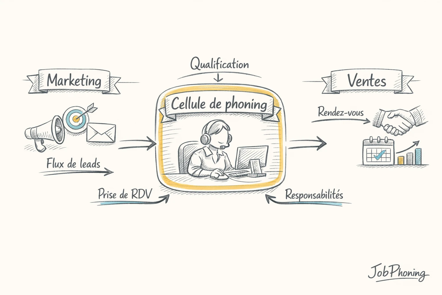 Schéma représentant l’équipe de phoning centralisée via un hub bleu reliant deux blocs marketing et