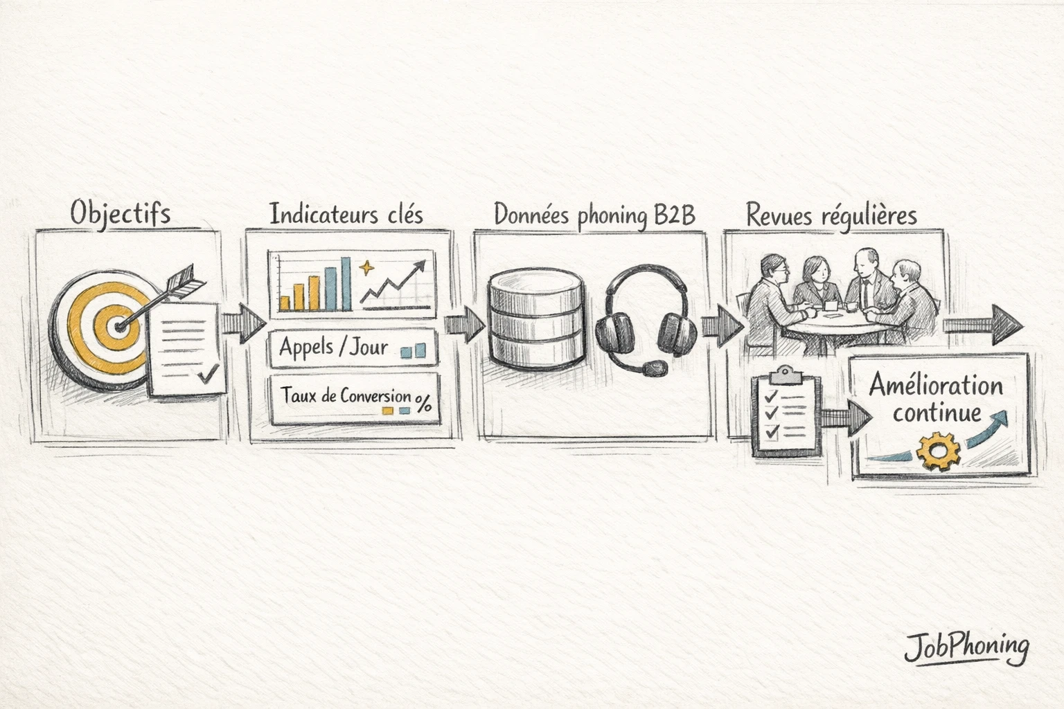 Schéma représentant la construction d’indicateurs phoning B2B via blocs reliés et flèches successives