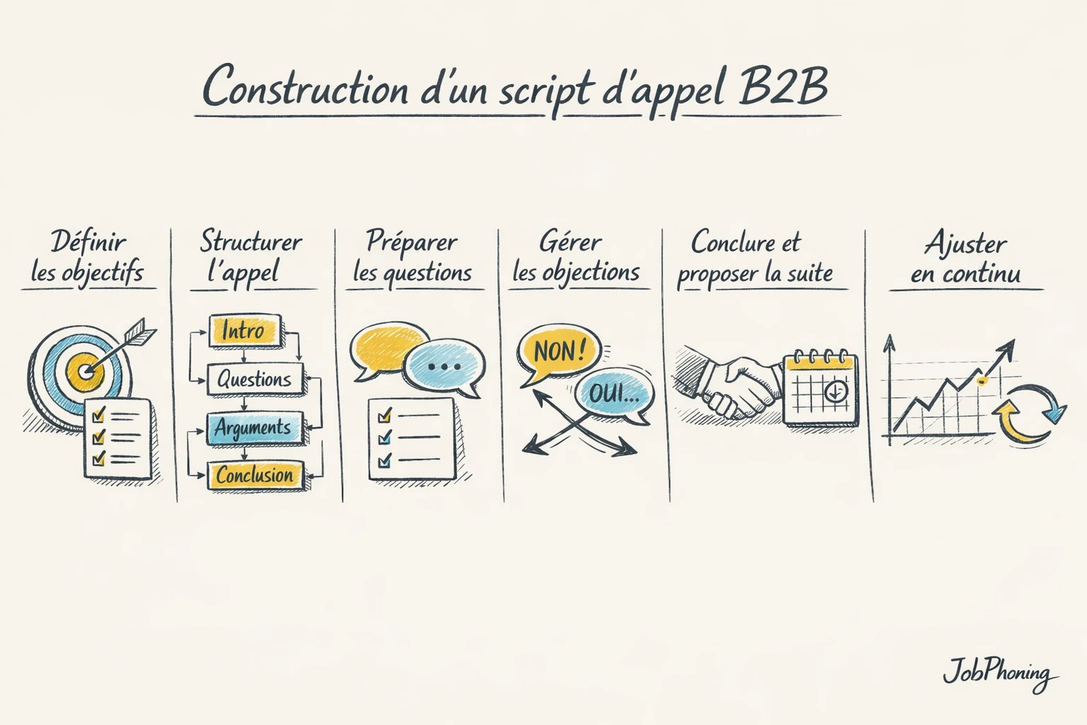 Schéma représentant la construction d’un script d’appel B2B via blocs reliés et flèches.