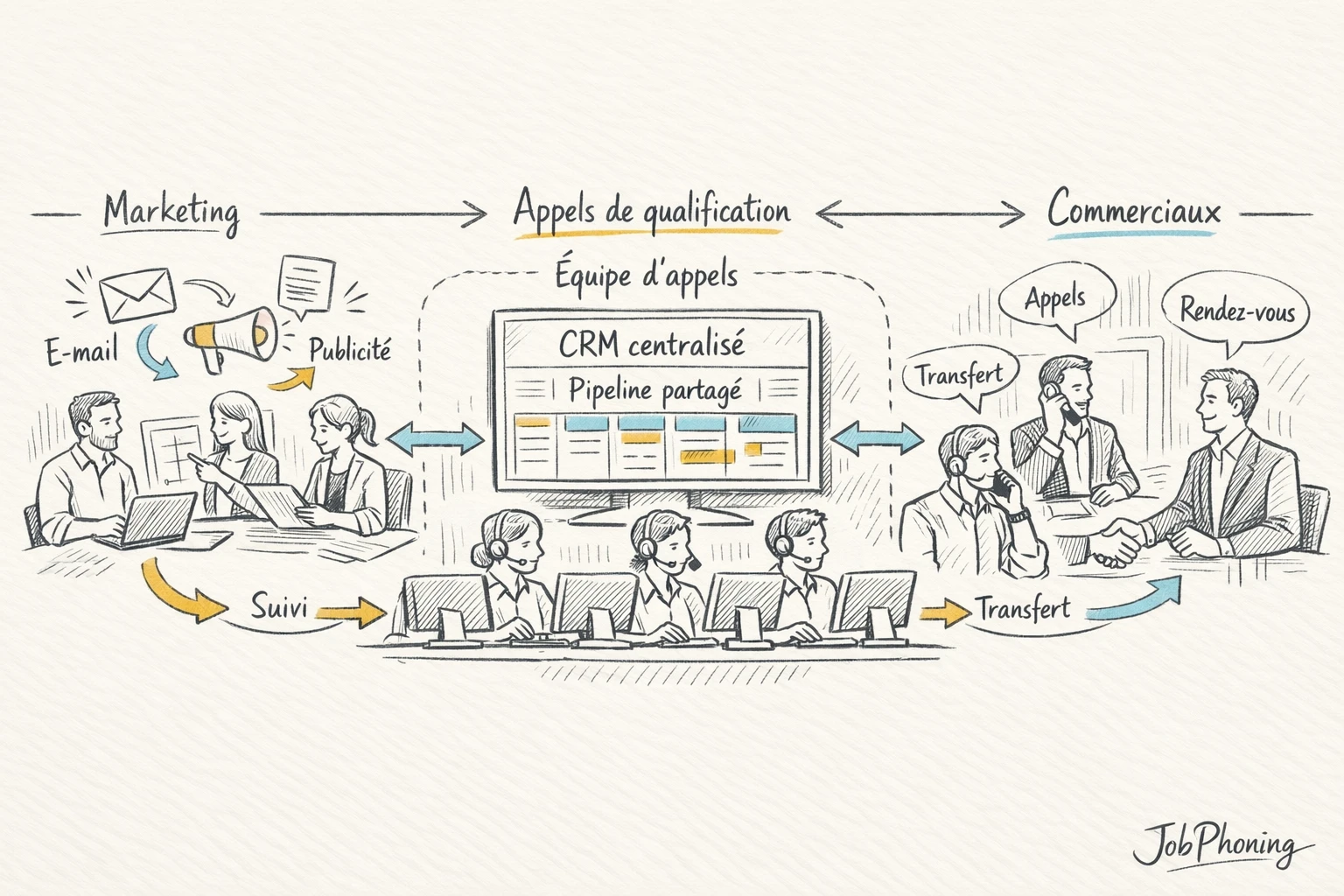 Infographie représentant la coordination des appels de qualification via pipeline, cercles temporels et base de