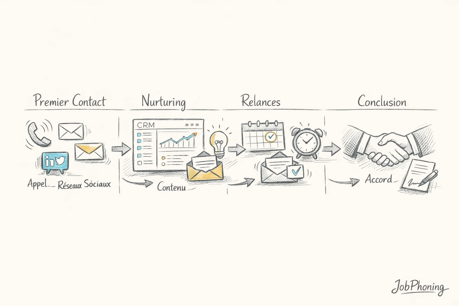 Schéma représentant la place du téléphone dans un parcours de prospection multicanal via segments reliés