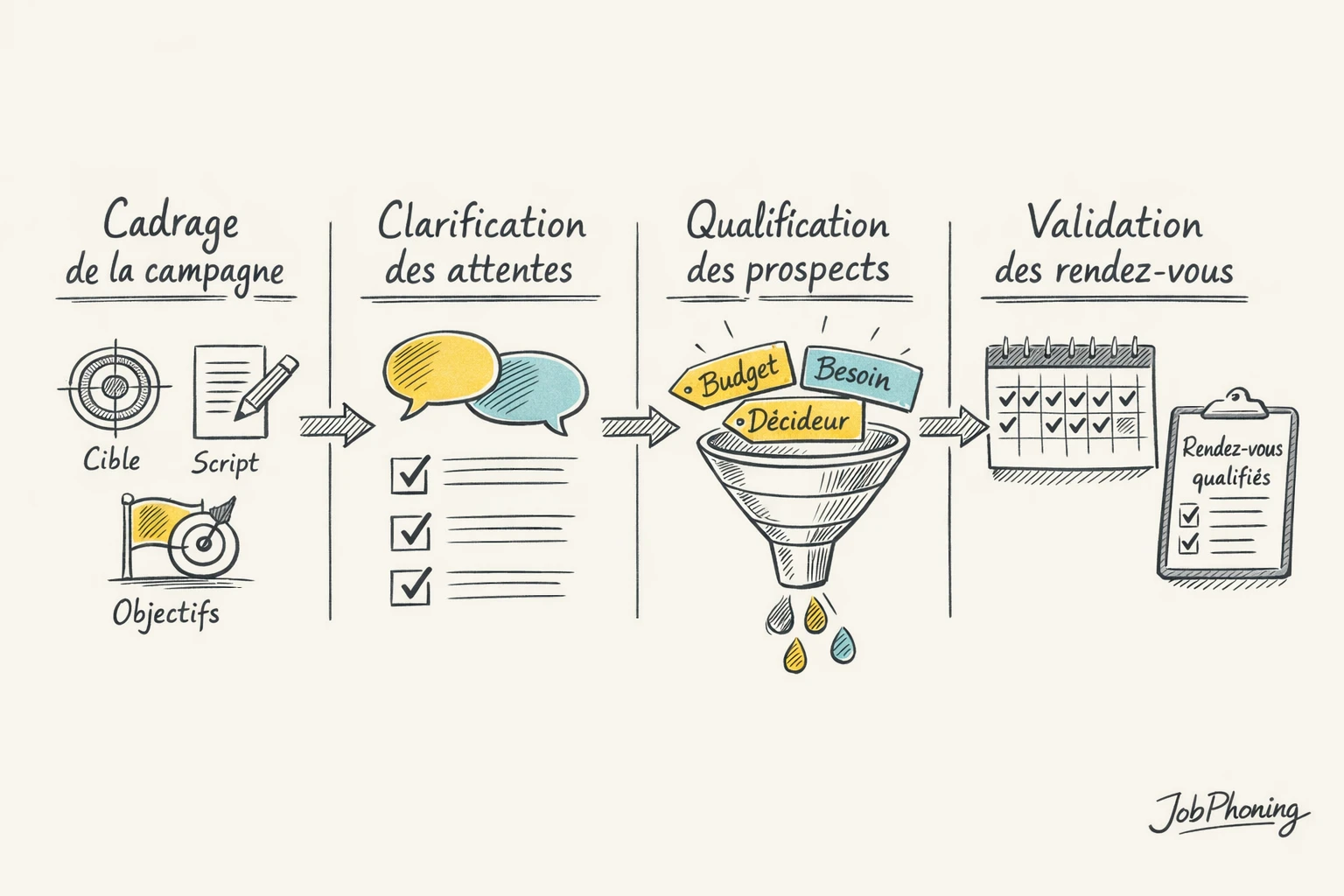 Schéma représentant le cadrage d’une campagne de prospection via blocs alignés et flèches successives