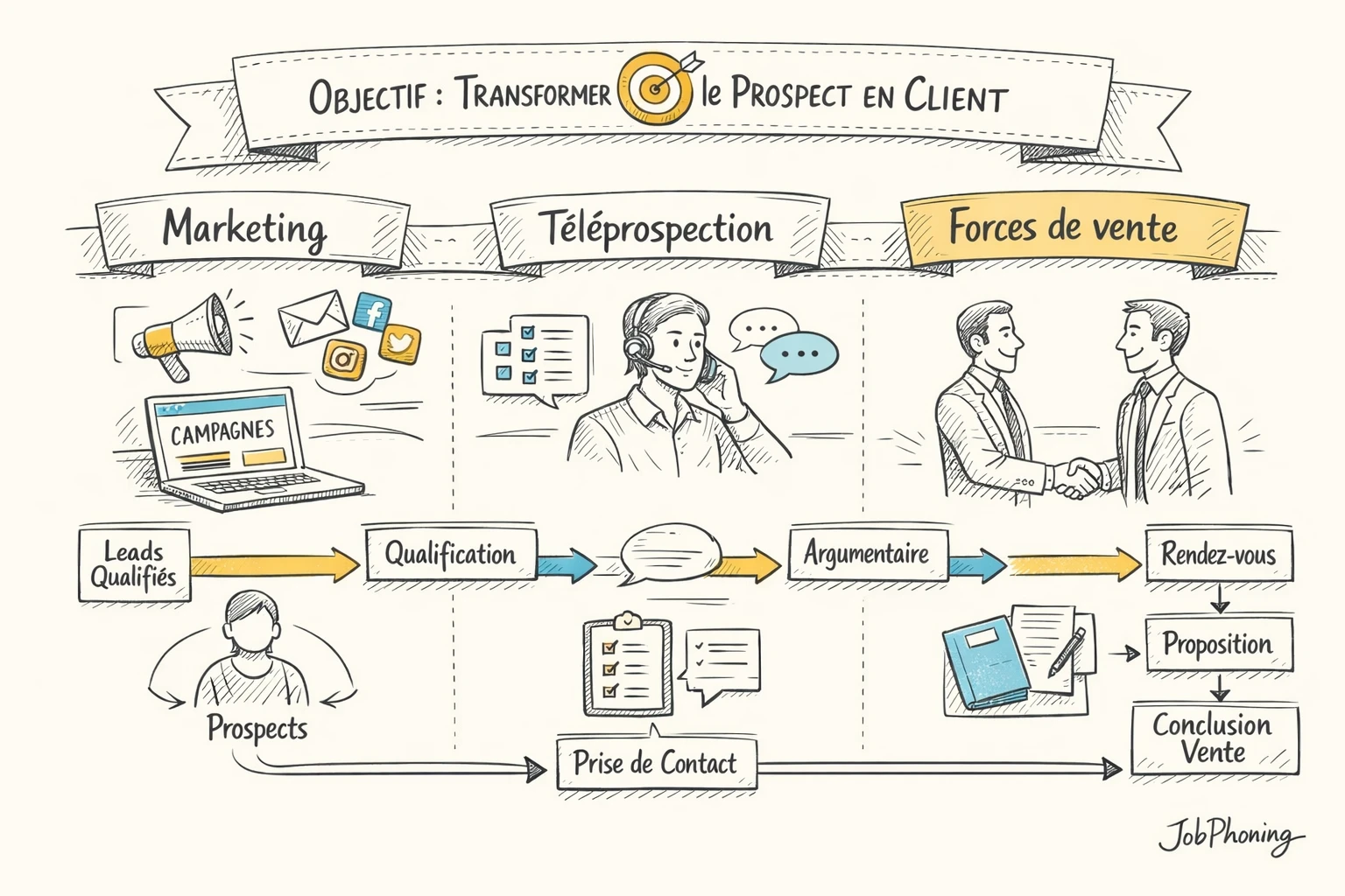 Infographie représentant l’alignement marketing, commercial et téléprospection via un noyau central relié à plusieurs modules