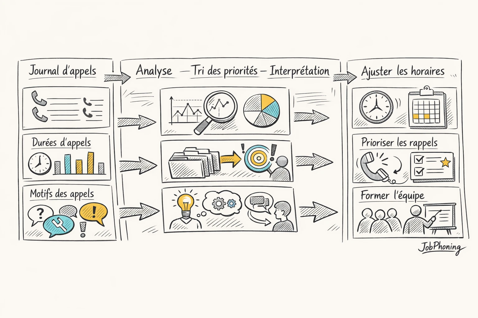 Schéma représentant l’analyse structurée d’un rapport d’appels via blocs séquentiels reliés et flèches directionnelles minimalistes.