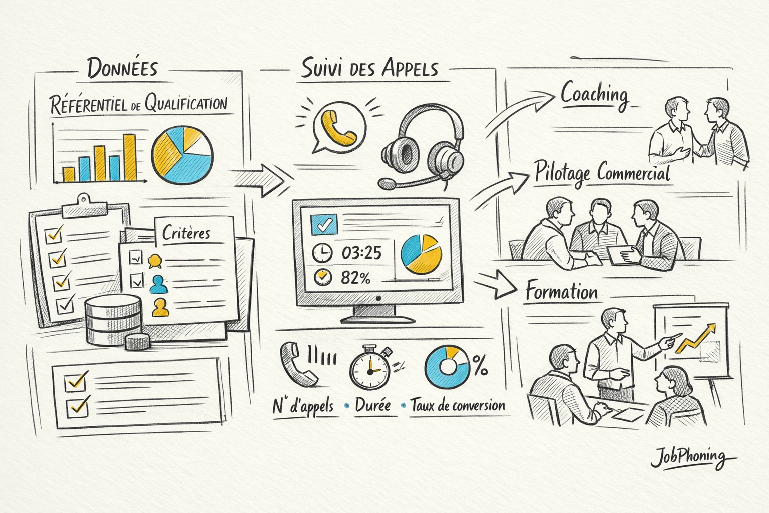 Schéma représentant un parcours de qualification prospects via blocs alignés, flèches séquentielles et indicateurs illustrés