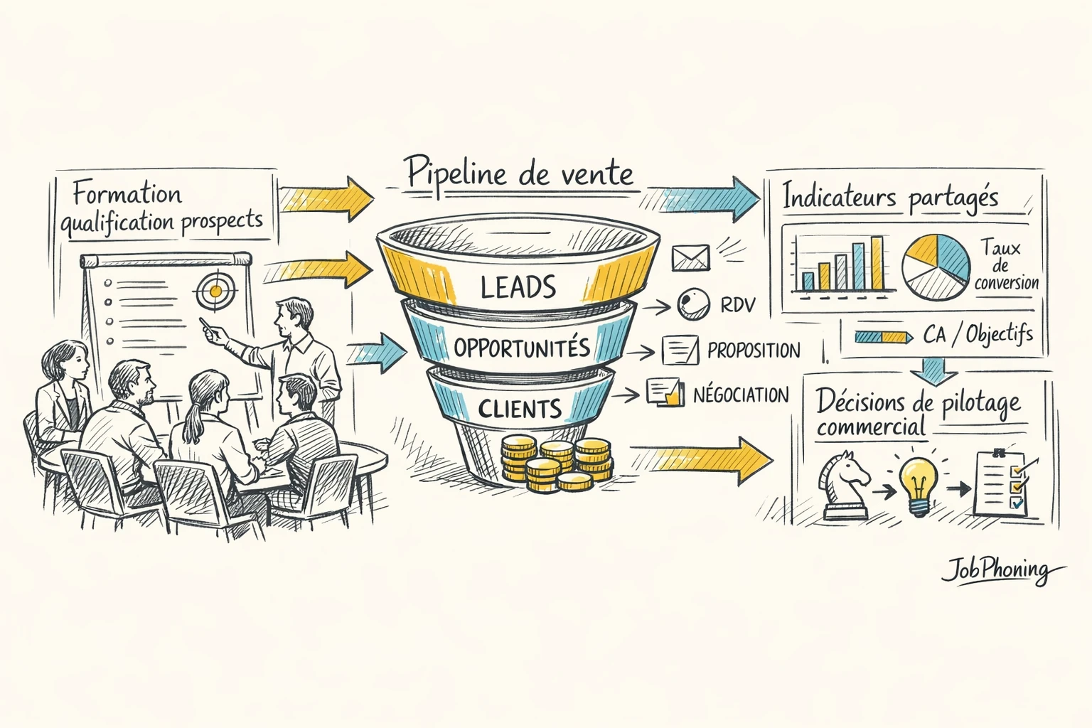 Infographie représentant l’intégration de la qualification prospects via pipeline horizontal, blocs de formation et panneaux