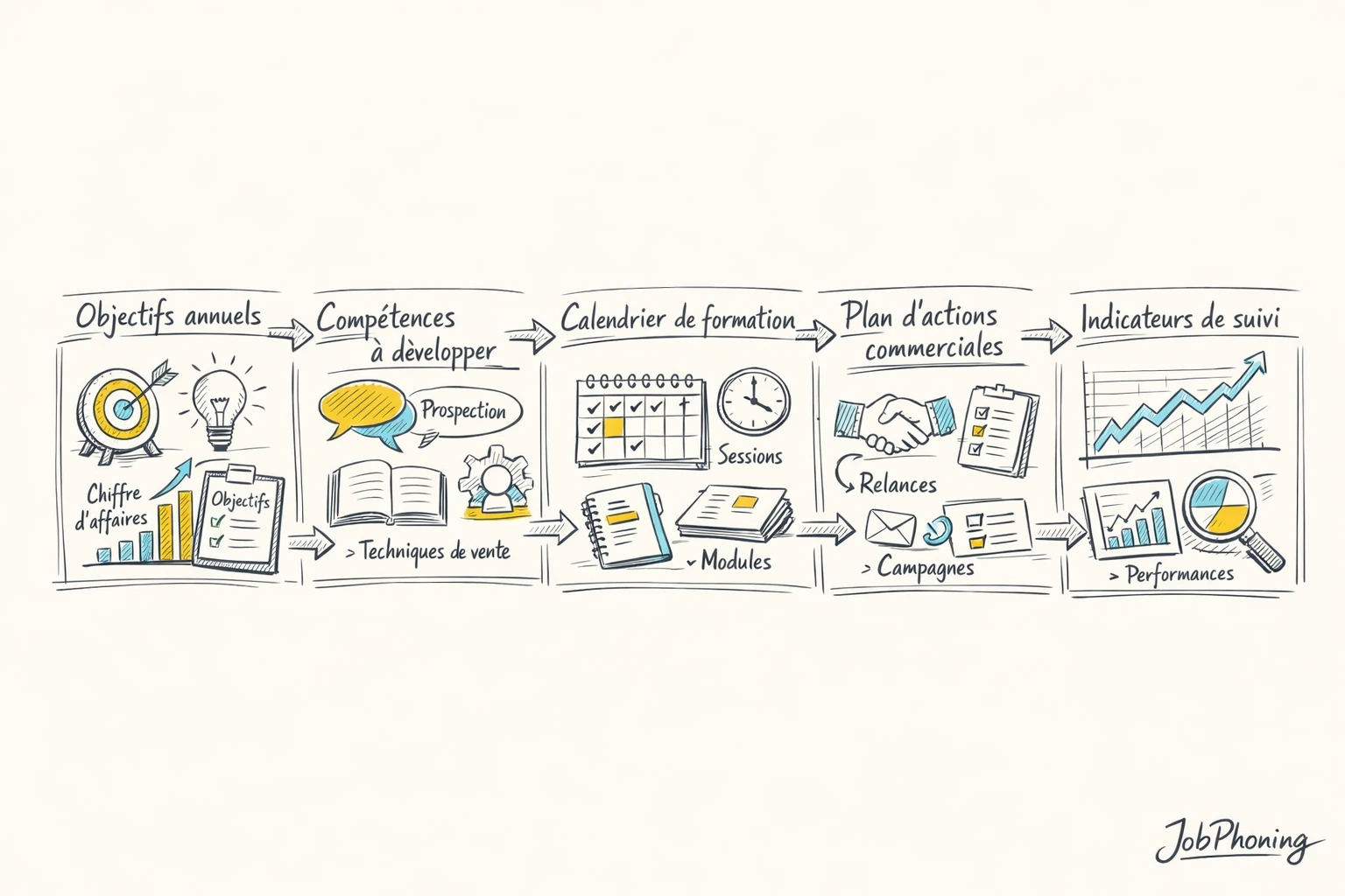 Schéma représentant un plan annuel de formation téléprospection via blocs reliés et flèches successives