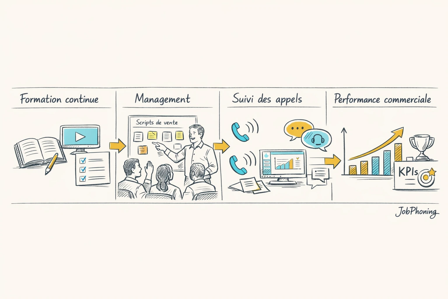 Infographie représentant l’intégration continue de la formation via hub central, modules, tableaux et silhouettes abstraites