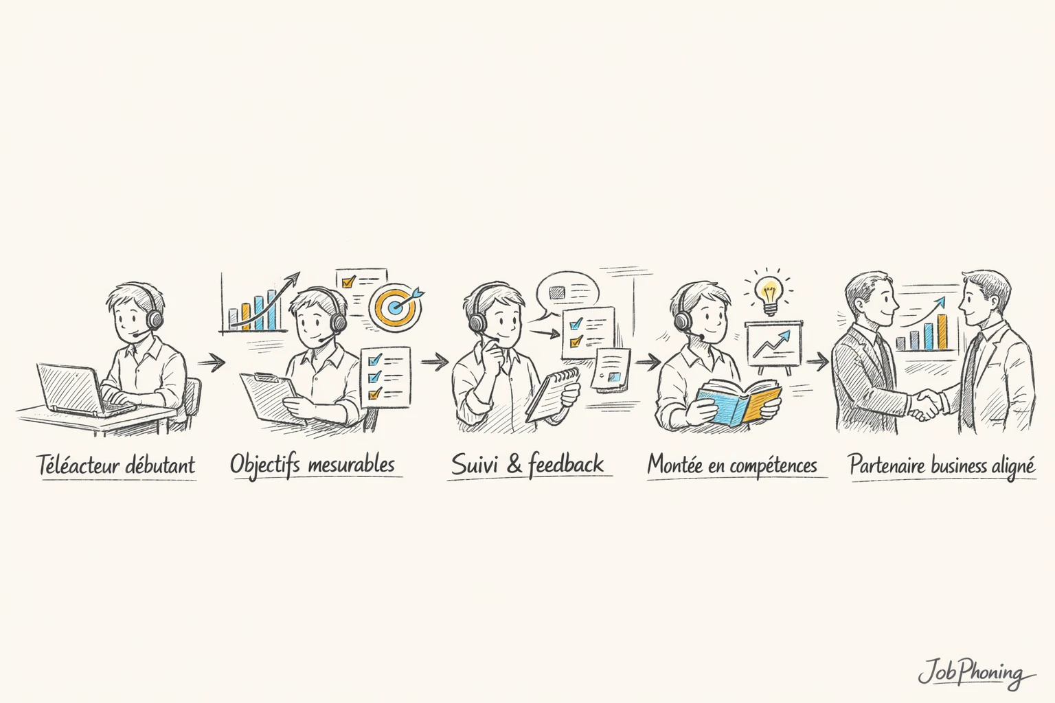 Schéma représentant la progression d’un téléprospecteur via enchaînement d’étapes et flèches structurées