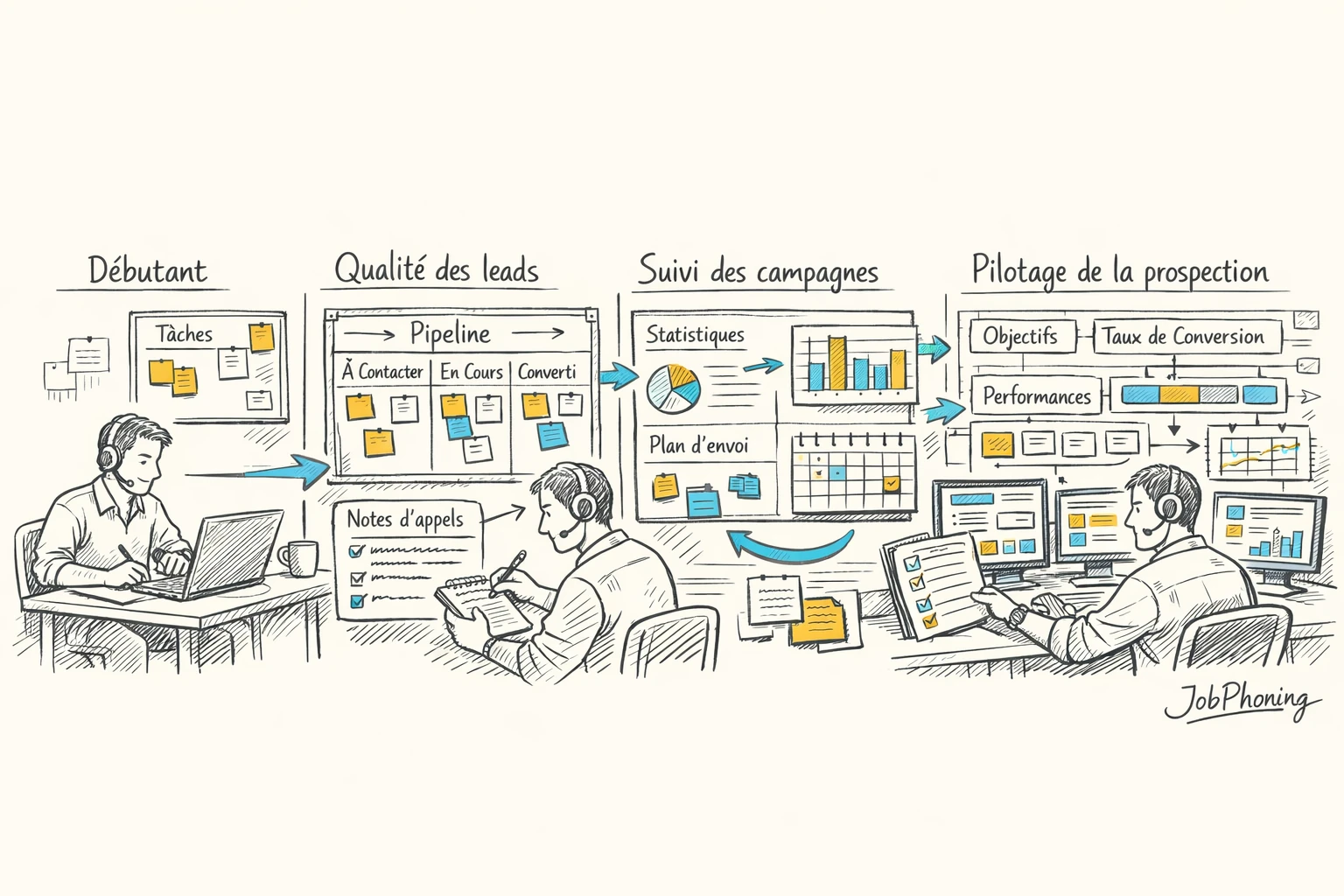 Infographie représentant la progression d’un téléprospecteur via niveaux d’expertise reliés à agendas, indicateurs et campagnes.