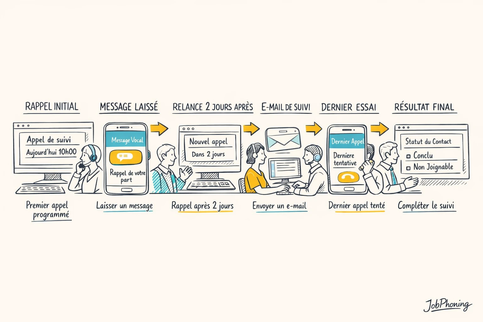 Schéma représentant un système de rappels téléphoniques via blocs reliés et flèches successives