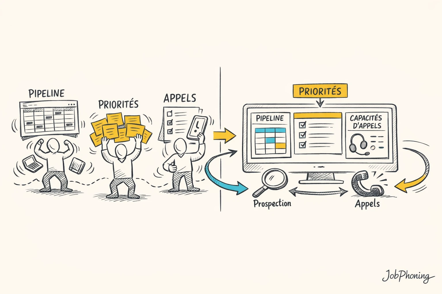 Schéma représentant l’intégration de la planification d’appels via pipeline, calendriers et icônes téléphoniques reliés.