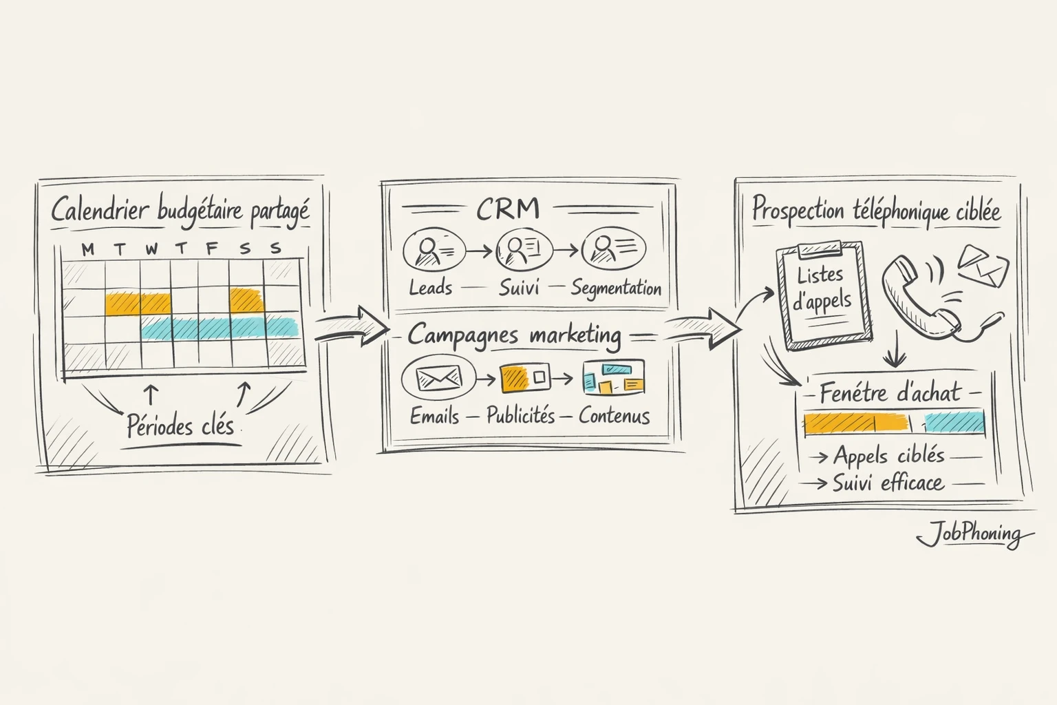 Infographie représentant la synchronisation au calendrier budgétaire via cercle segmenté, colonnes et base de données.