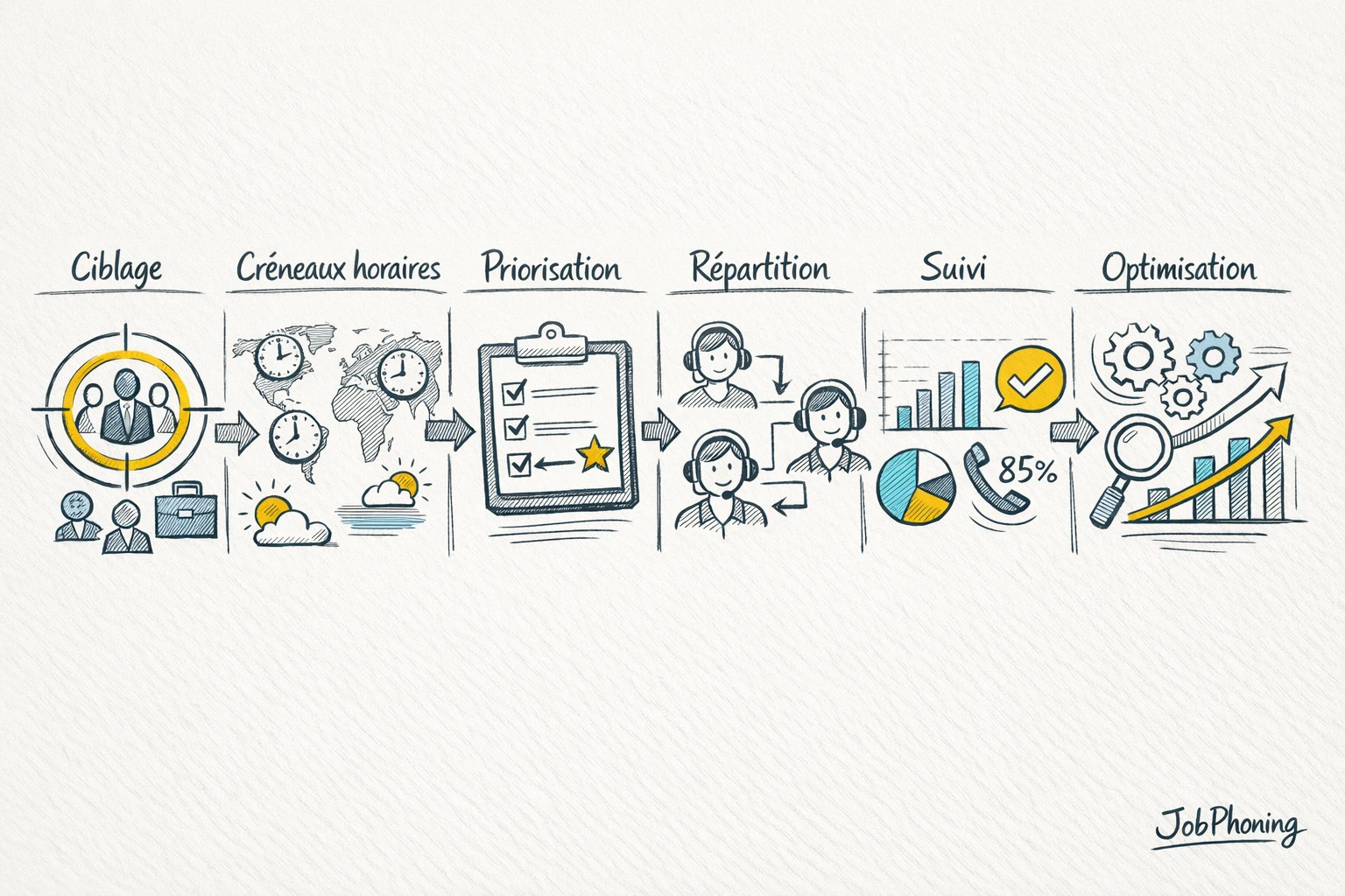 Schéma représentant la planification d’appels B2B via un flux d’étapes et blocs connectés.