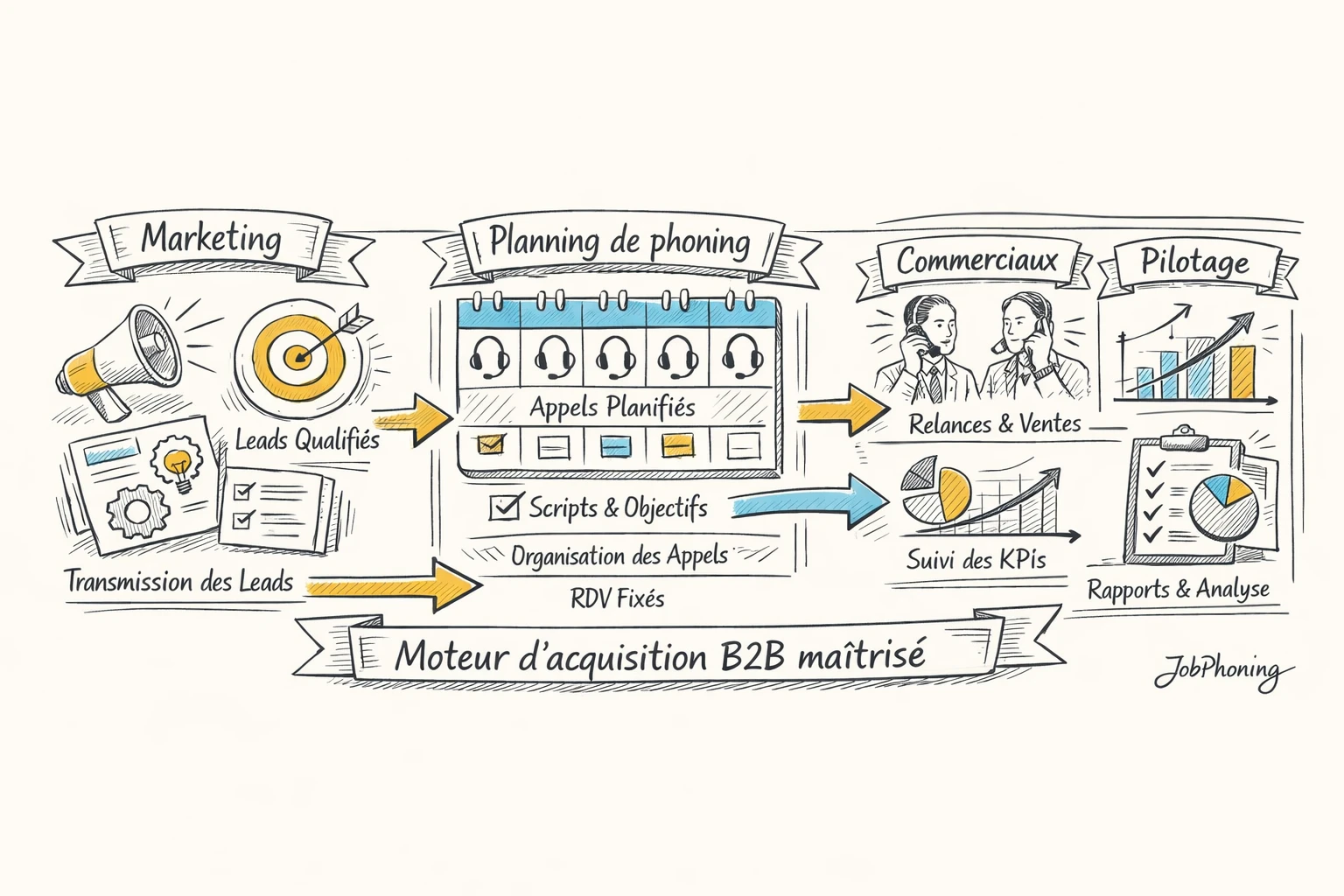 Infographie représentant la coordination du phoning via calendrier central et blocs reliés marketing, ventes et