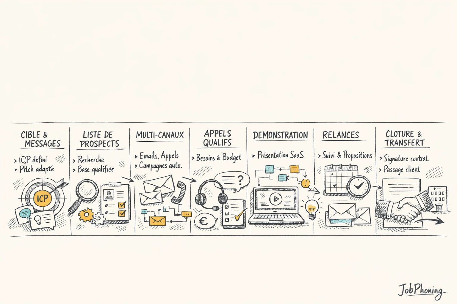 Schéma représentant un playbook de prospection SaaS via flux de blocs et flèches structurés.