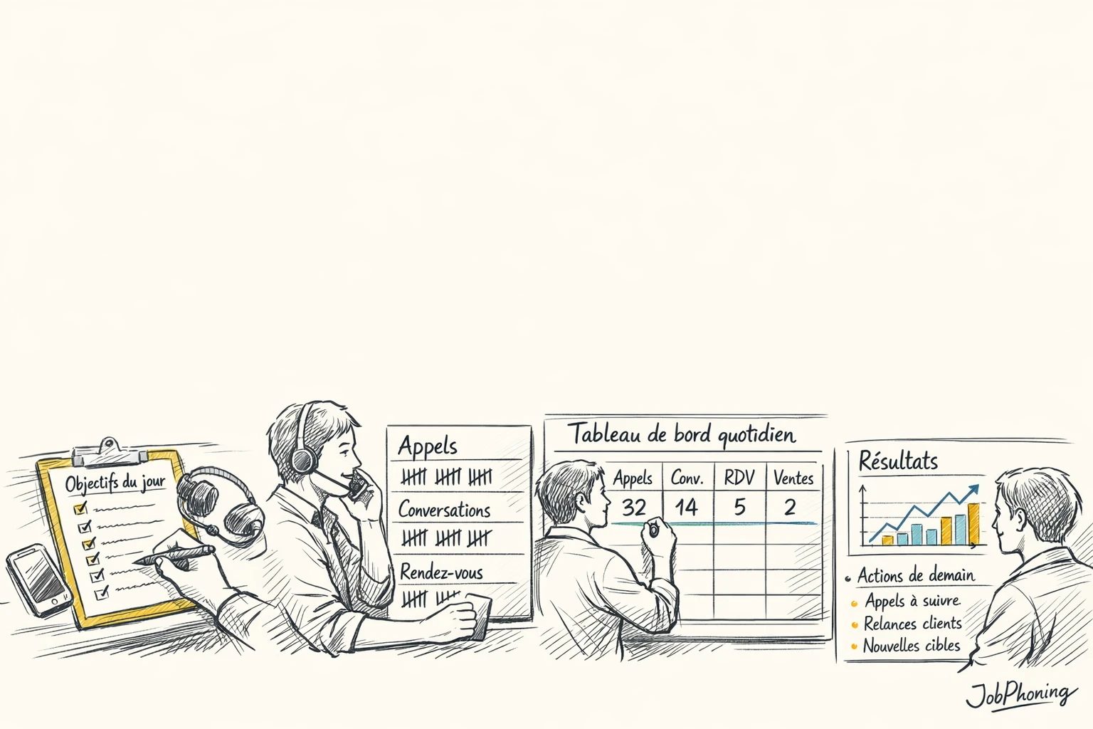 Schéma représentant le suivi quotidien de prospection téléphonique via blocs séquentiels, flèches et indicateurs stylisés