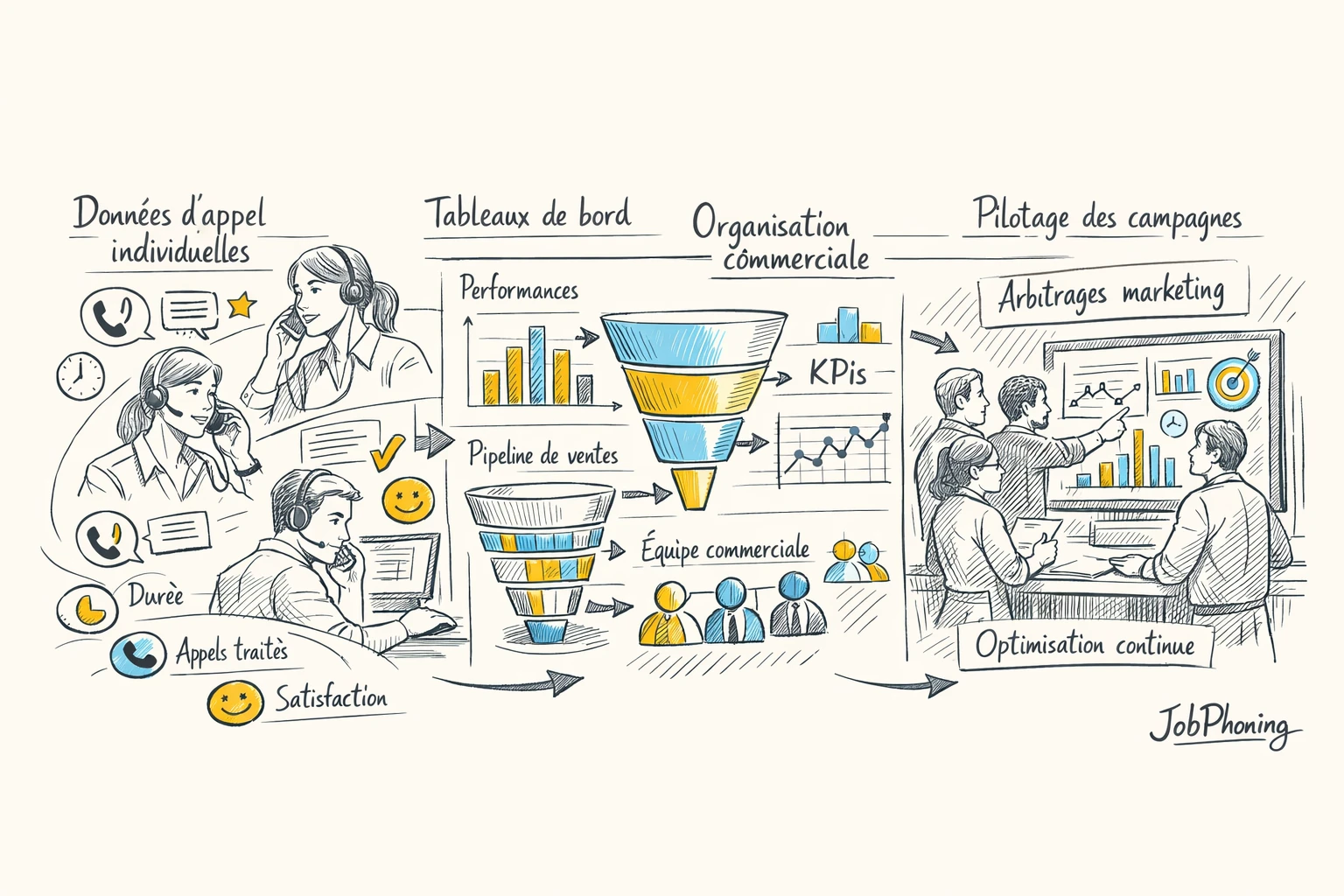 Schéma représentant la centralisation des performances d’appels via nœuds, flèches et blocs connectés