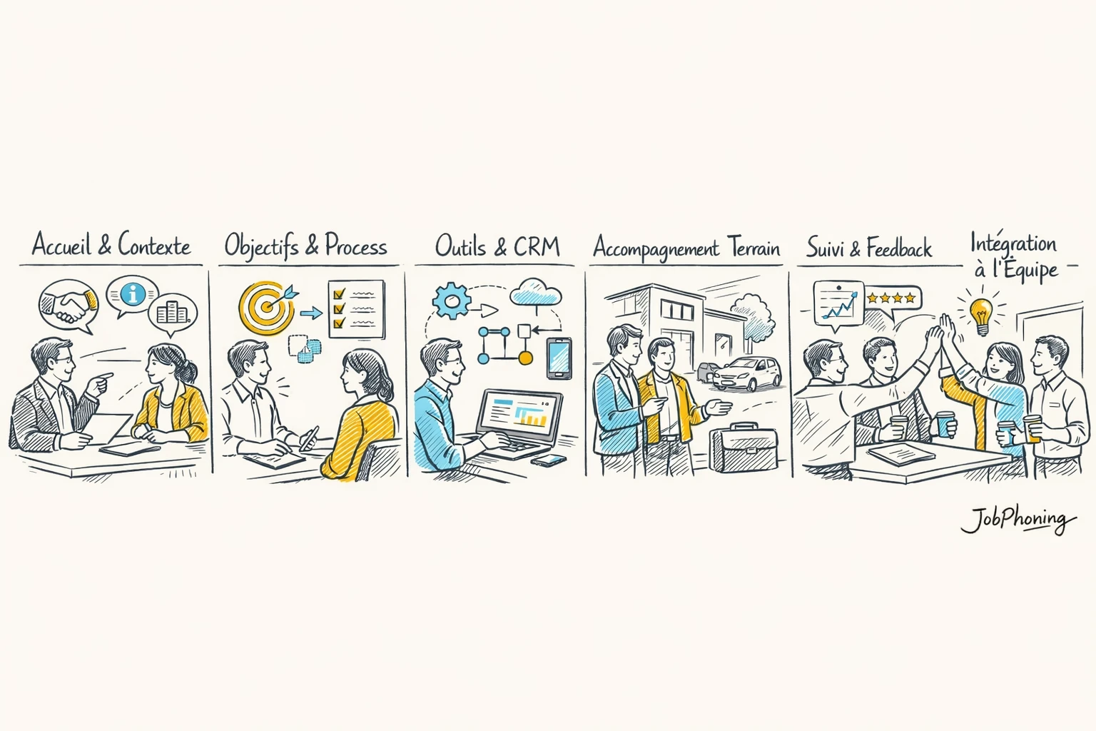 Schéma représentant l’intégration d’un freelance commercial via étapes connectées et blocs colorés alignés.