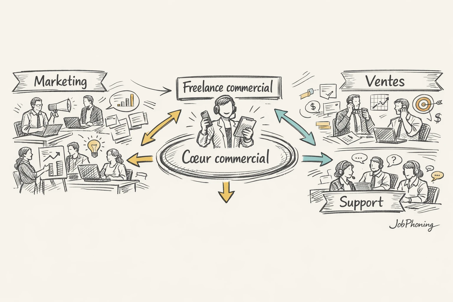 Schéma représentant l’intégration d’un freelance commercial via blocs reliés et nœud central